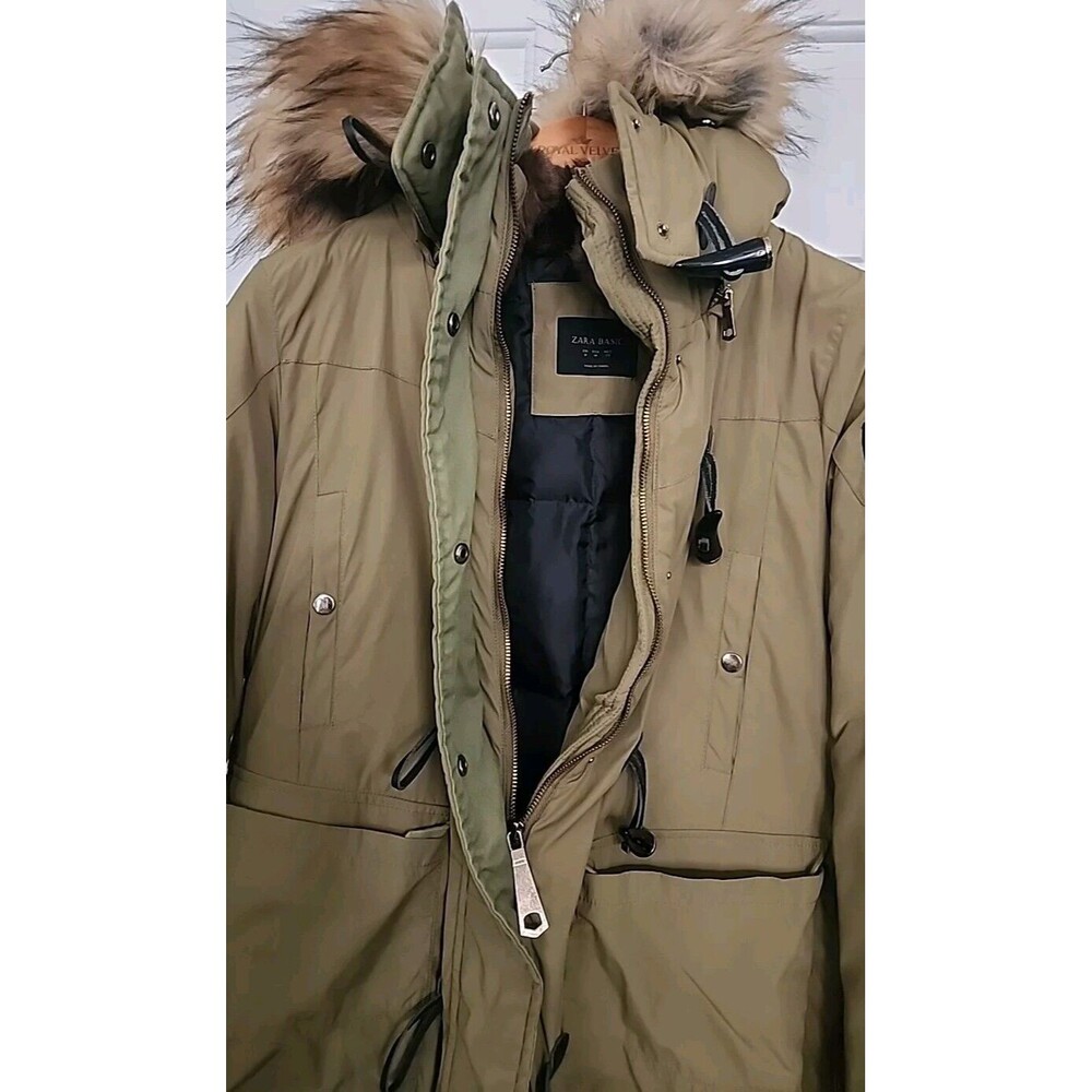 Zara Hooded Puffer Parka Jacket Womens Med With Toggles Olive Army Green - Picture 9 of 12